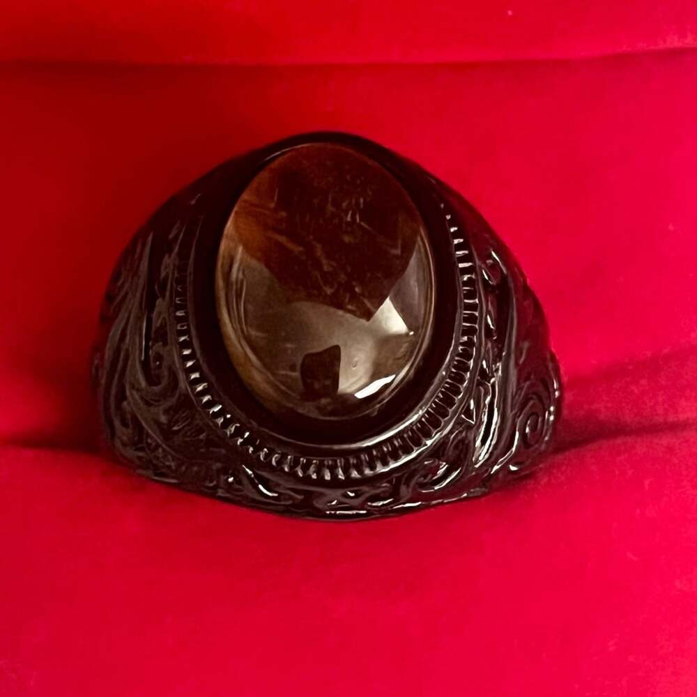 Vintage Ornate Black Banded Agate Cabochon Cocktail Ring Size 13